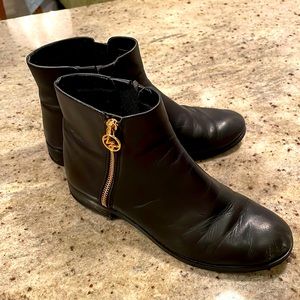 MICHAEL KORS Black Leather Booties with Gold MK zipper toggle